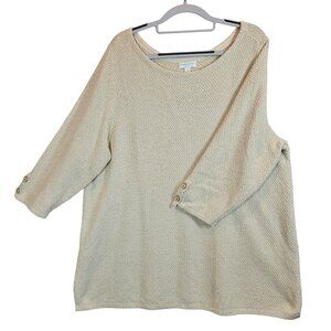 Charter Club Womens 3X Cream gold Texture Knit 3/4 Sleeve Sweater Button Accents